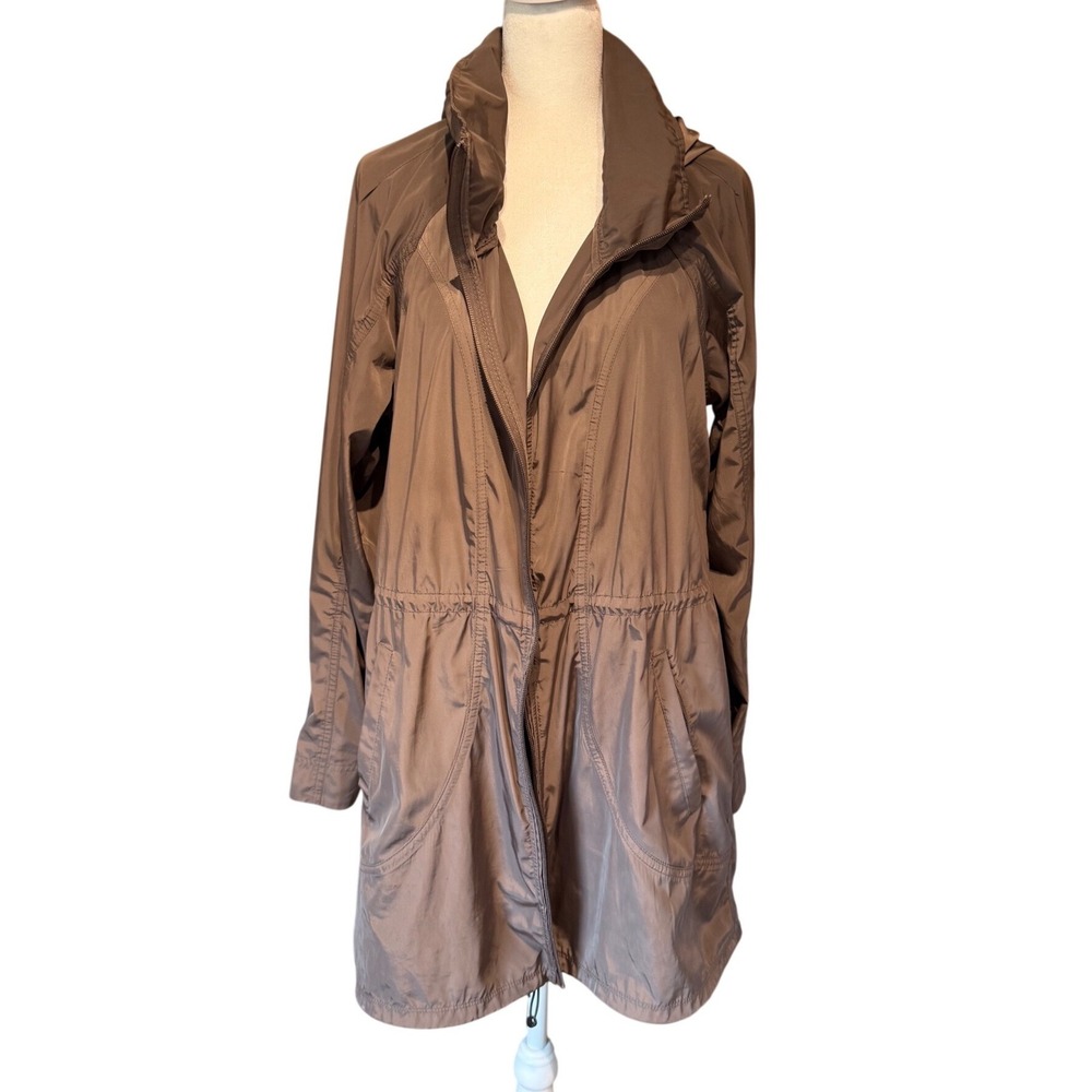 Athleta Womens Brown Longline Hooded Windbreaker Jacket Cinched Waist Large drip